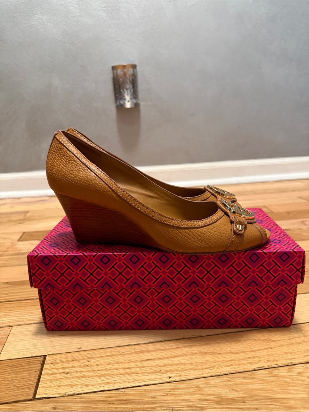Tory Burch Tan Leather Wedge Peep-Toe with Logo Buckle
